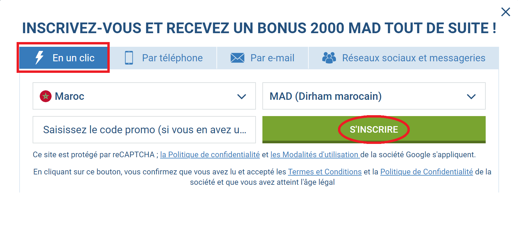 Méthodes de 1xBet Maroc inscription disponibles